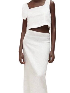 Zara Linen Crop Top Blouse Midi Skirt 2 Piece Set White M